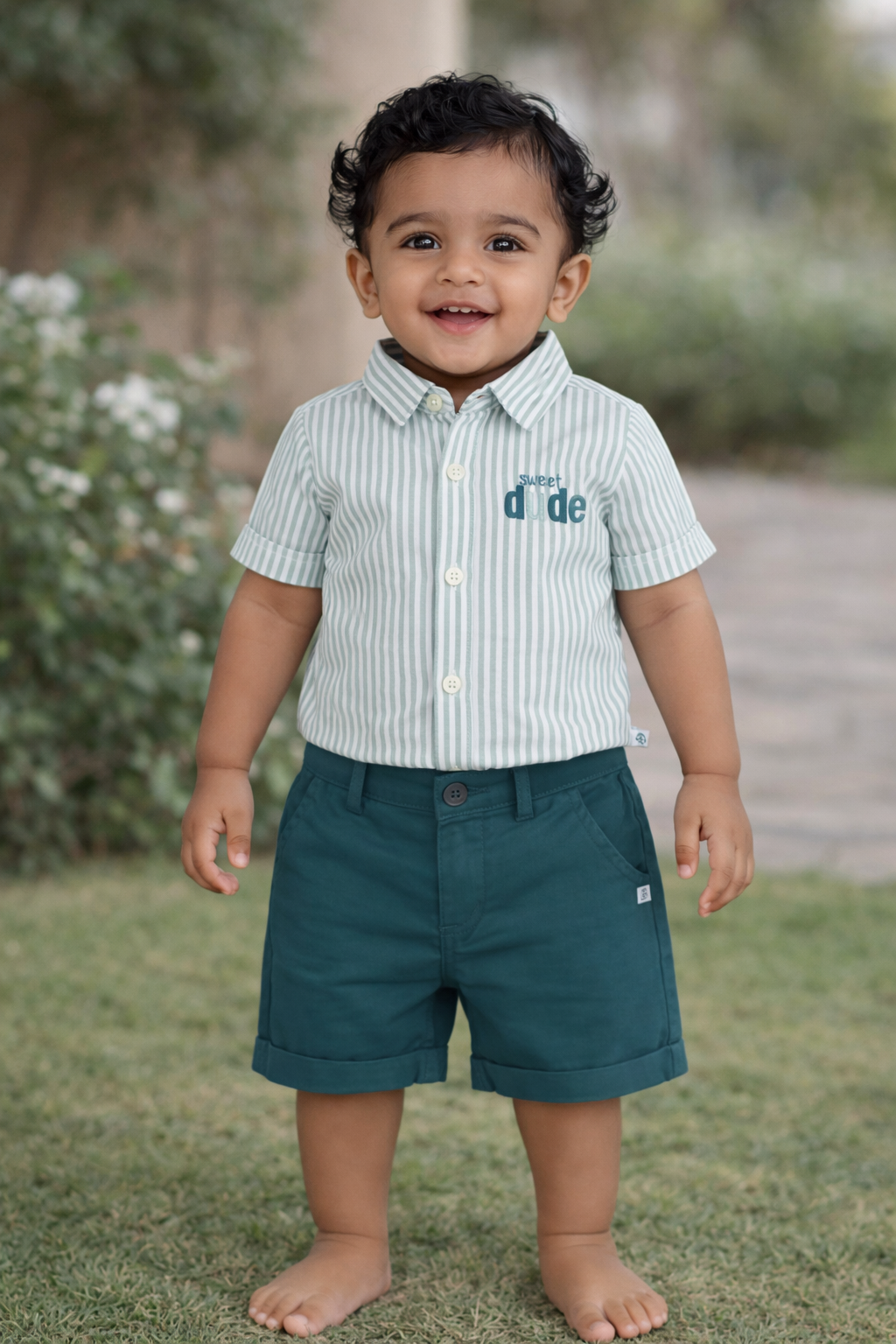 Boys Green Striped Shirt & Shorts Cotton Set