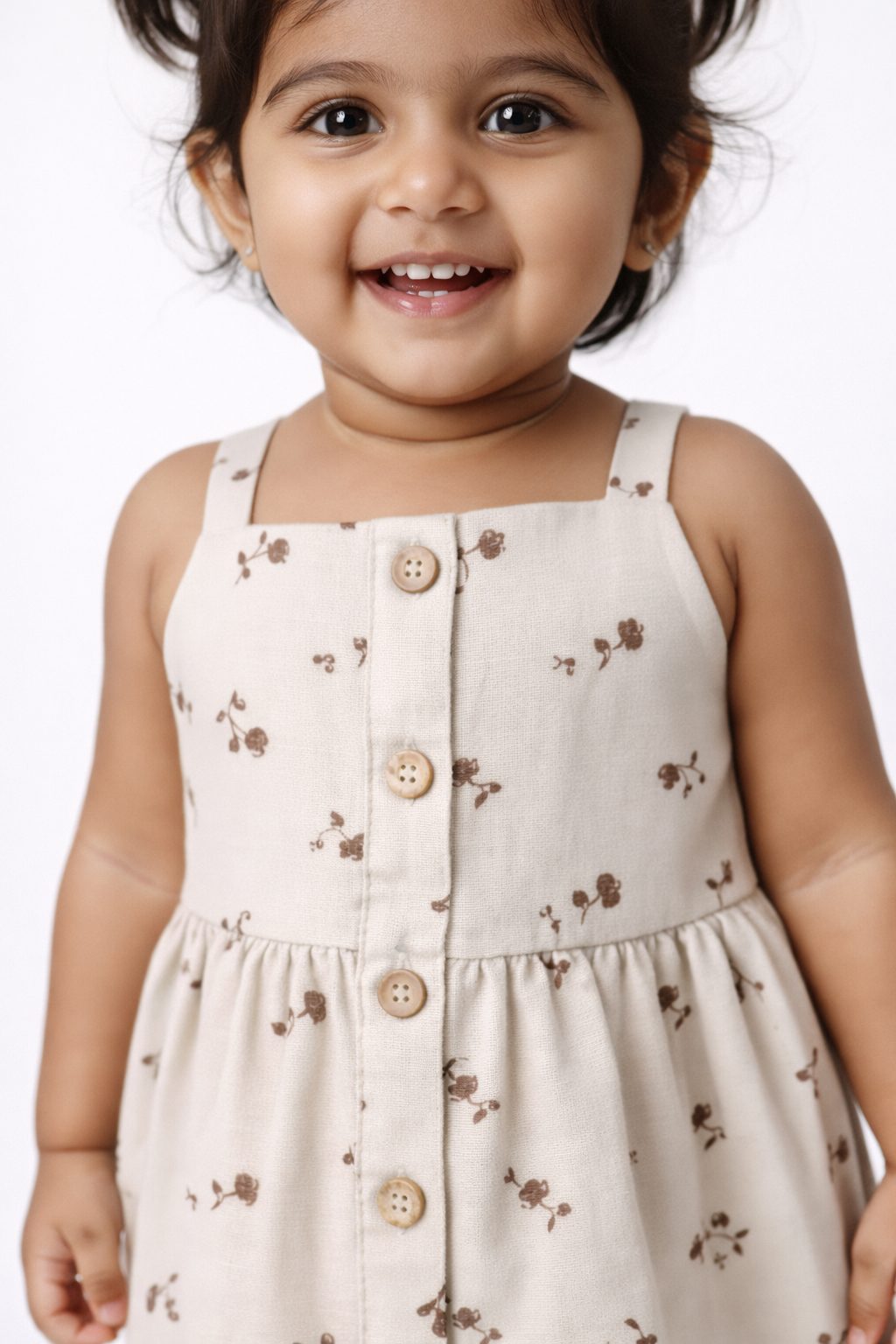 Girls White Sleeveless Cotton Button-Down Frock