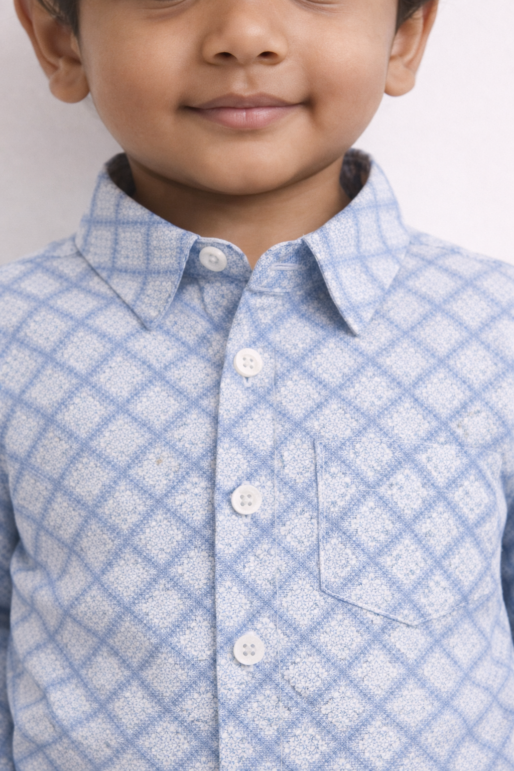 Boys White Geometric Grid Cotton Shirt (Full Sleeve)
