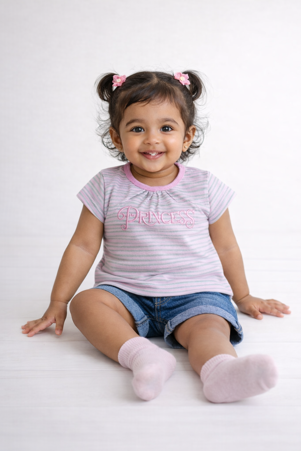 Girls Pink Princess Embroidered Stripe Cotton T-Shirt