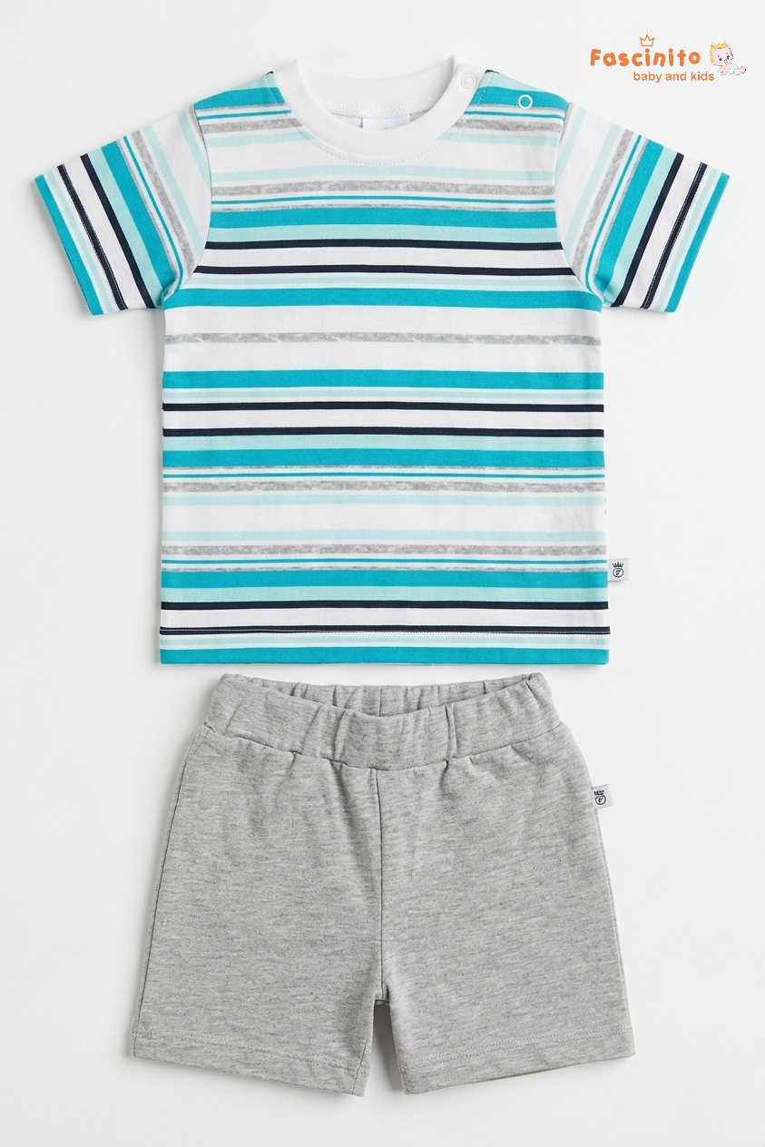 Boys T-Shirt & Shorts Set – Blue & Grey Cotton Outfit