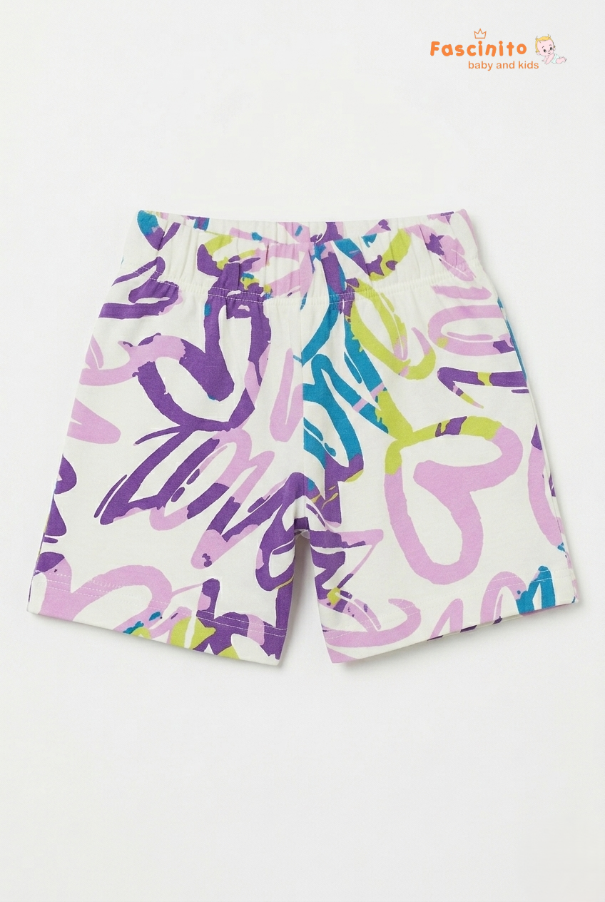 Girls Heart Print Shorts – White Graffiti Style Casual Shorts