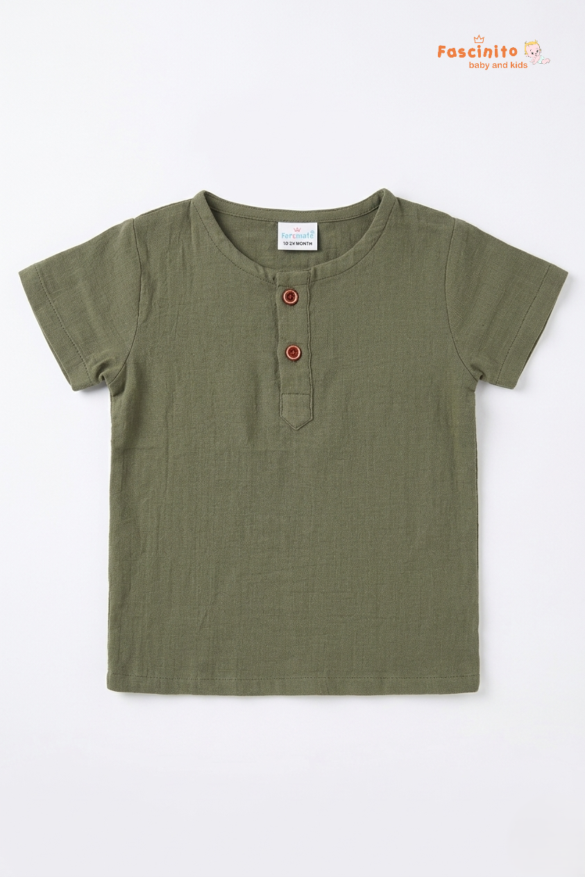 Boys Cotton T-Shirt – Sage Green Button Detail Casual Tee