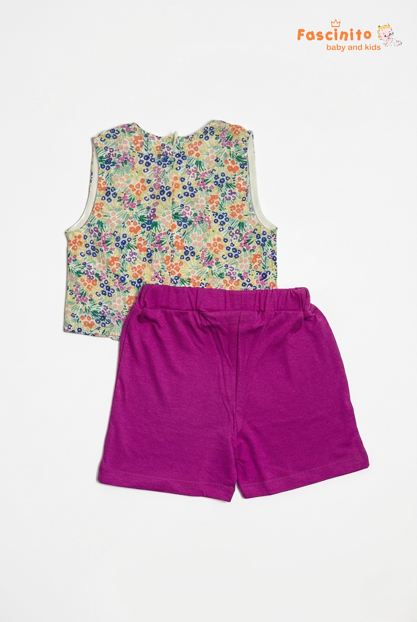 Girls Top & Bottom Set – Floral Sleeveless Top with Pink Shorts