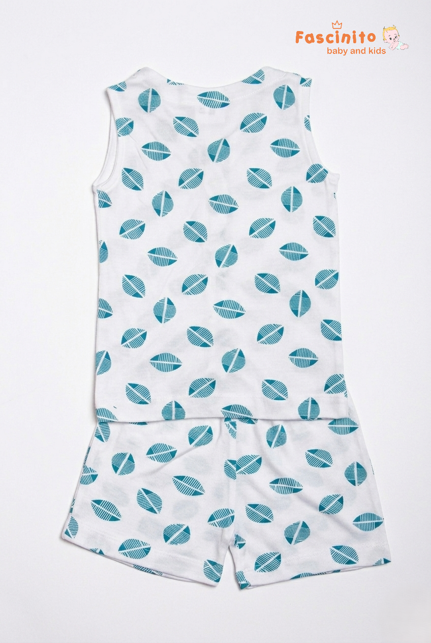 Baby Jhabla Set – White Leaf Print Sleeveless Top & Shorts