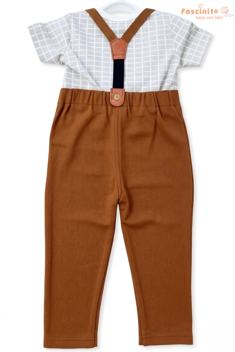 Boys Suspender Set – Grey Check T-Shirt with Brown Pants Outfit