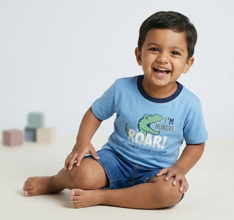 Boys Blue Dinosaur Roar Graphic Cotton T-Shirt