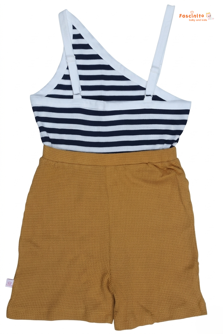Girls Jumpsuit – Navy Yellow One Shoulder Coord Set