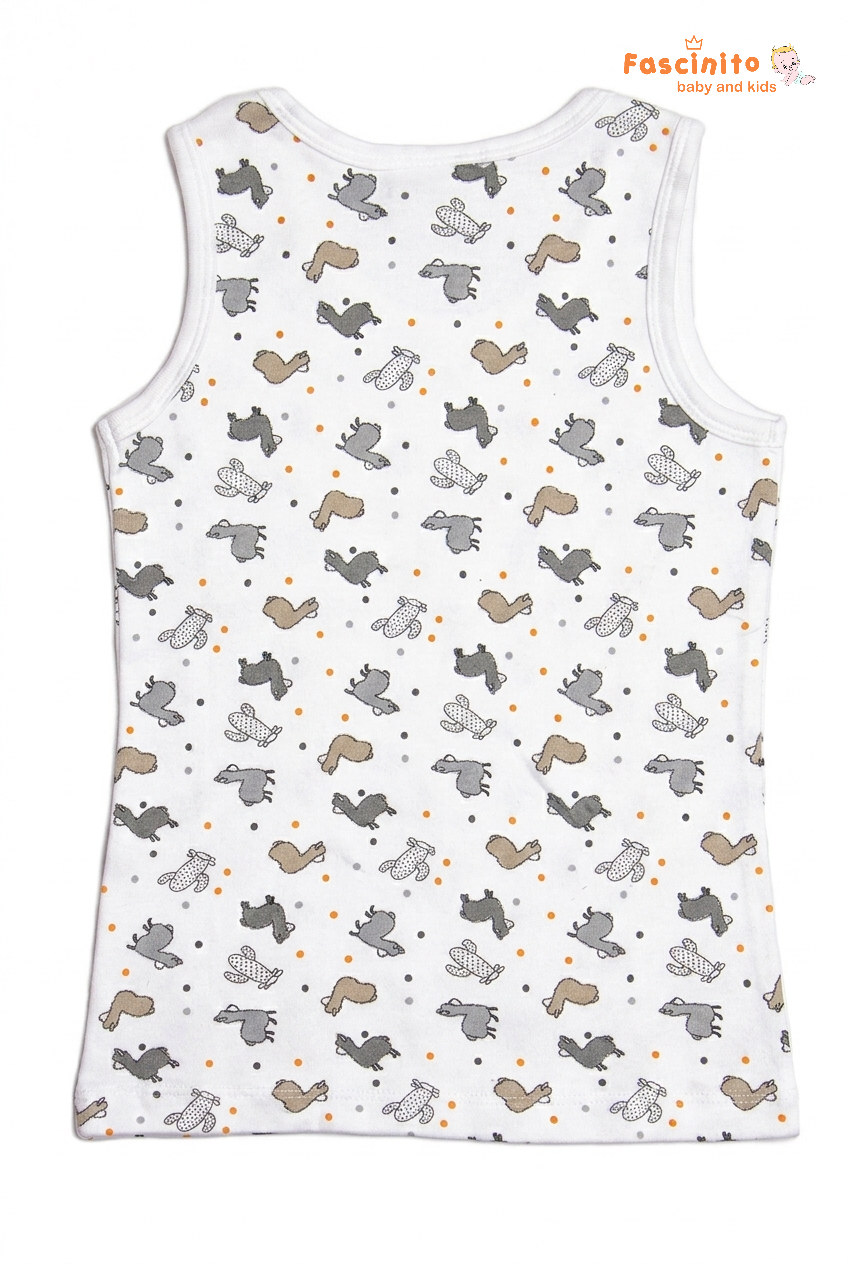 Boys Sleeveless Top – White Animal Print Cotton Vest