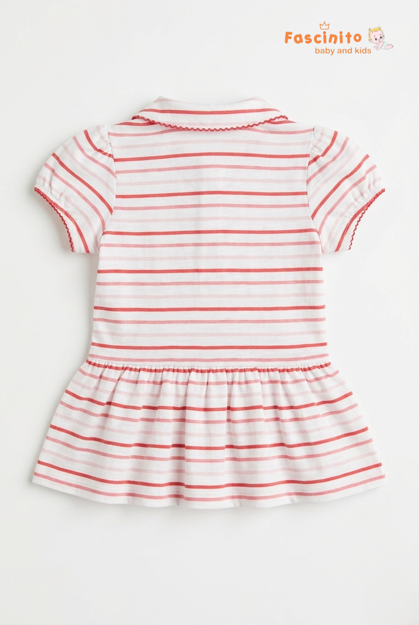 Girls Striped Polo Top – White & Pink Teddy Bear Dress Style T-Shirt