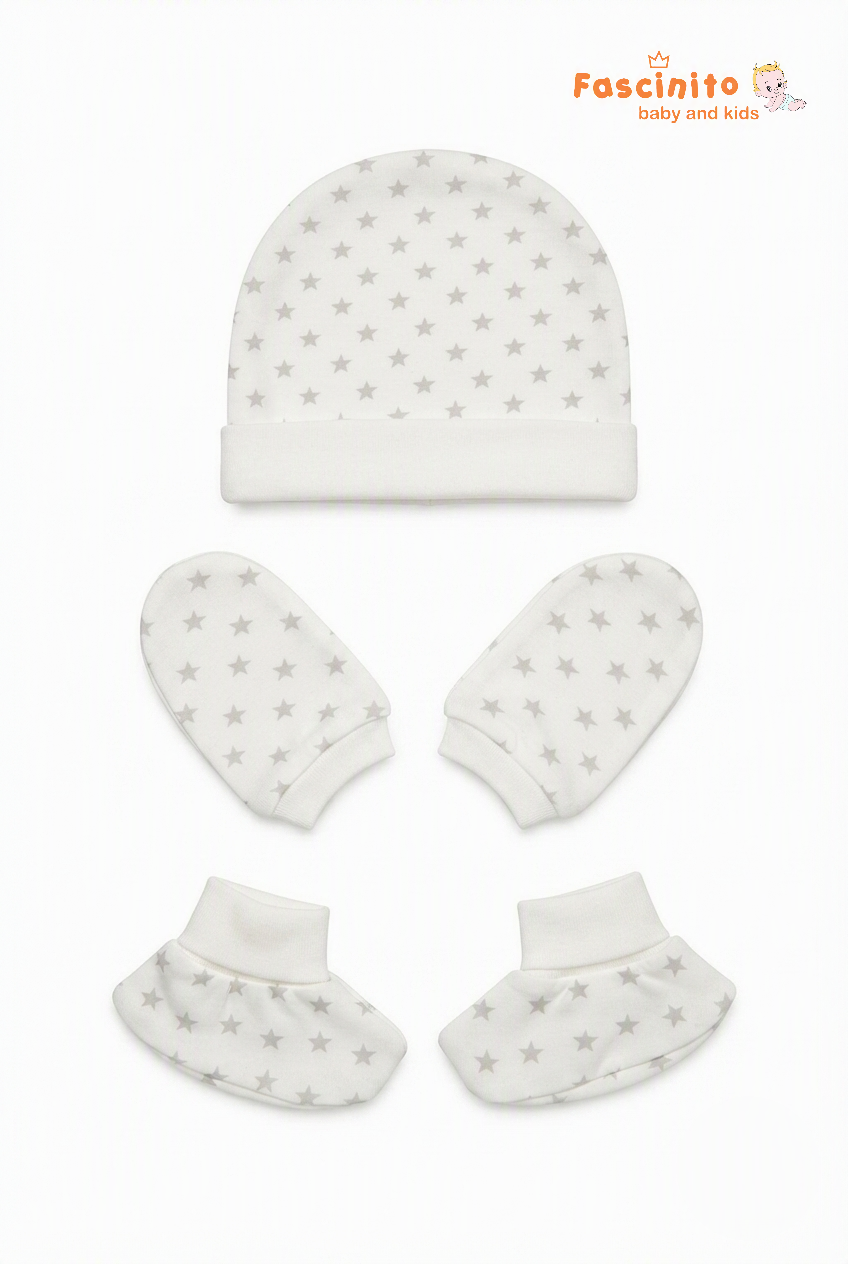 Little Star Shoe Mitten And Cap - White