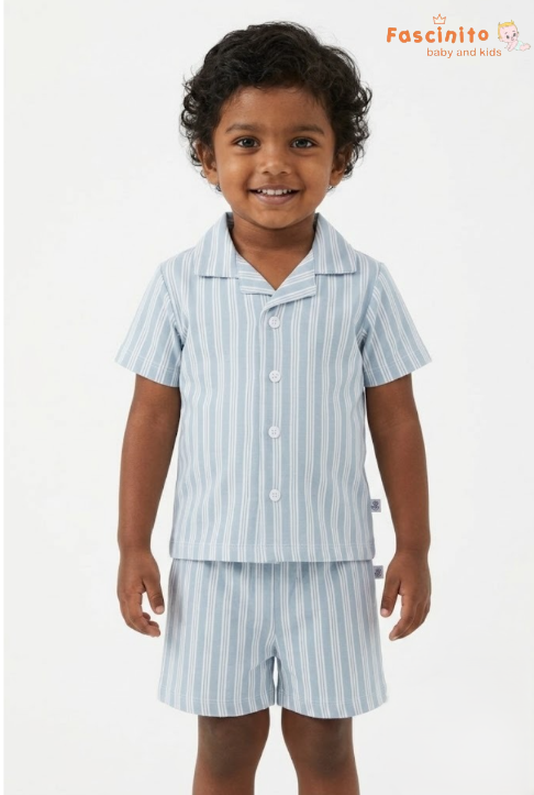Boys Co-Ord Set – White & Blue Striped Shirt & Shorts Set