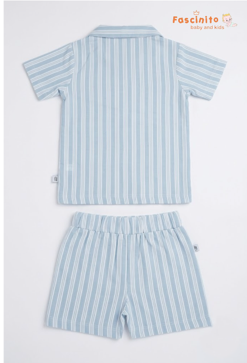 Boys Co-Ord Set – White & Blue Striped Shirt & Shorts Set