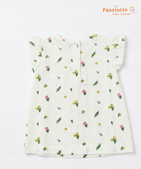 Girls Floral Frock – White Printed Flutter Sleeve Dress