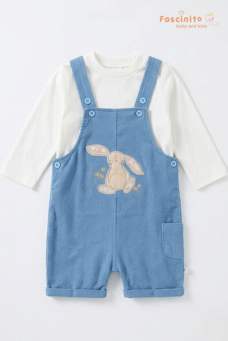 Cute Bunny Dungaree Set – Blue Crinkle Fabric Baby Outfit