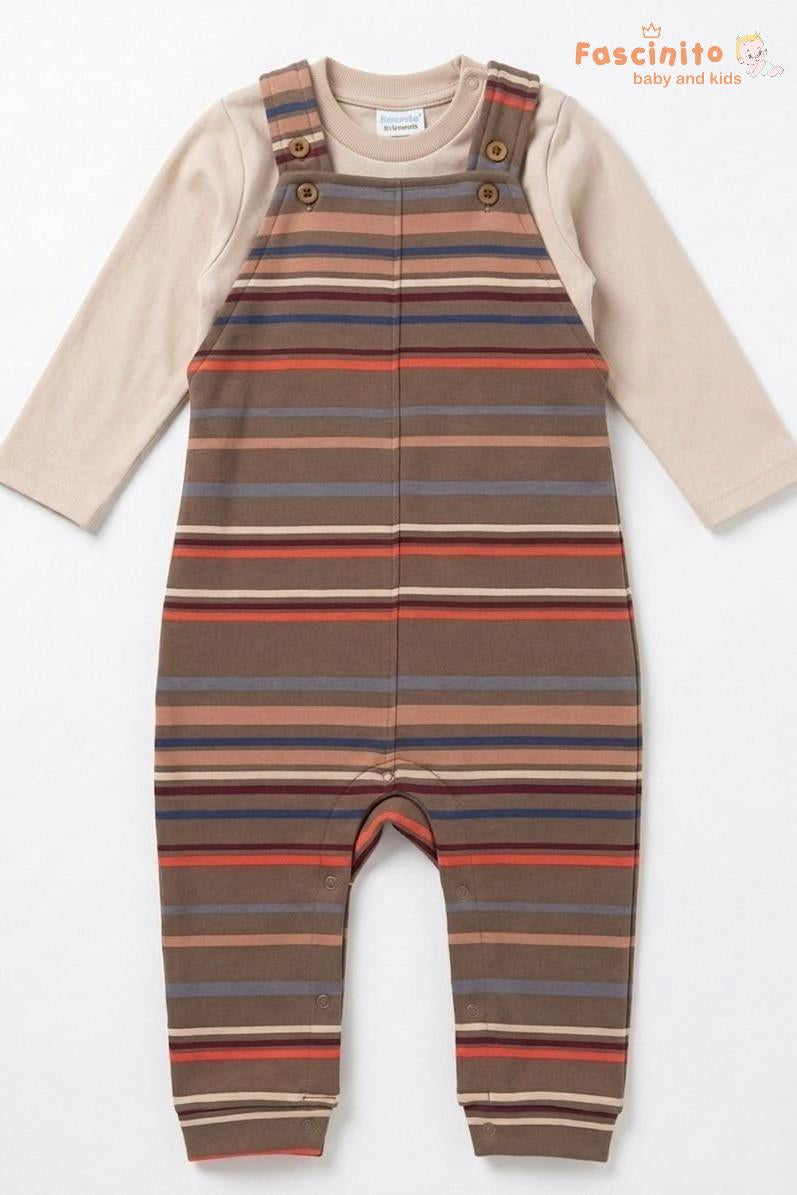 Baby Cotton Dungaree Set – Brown Striped Outfit with Full Sleeve Inner