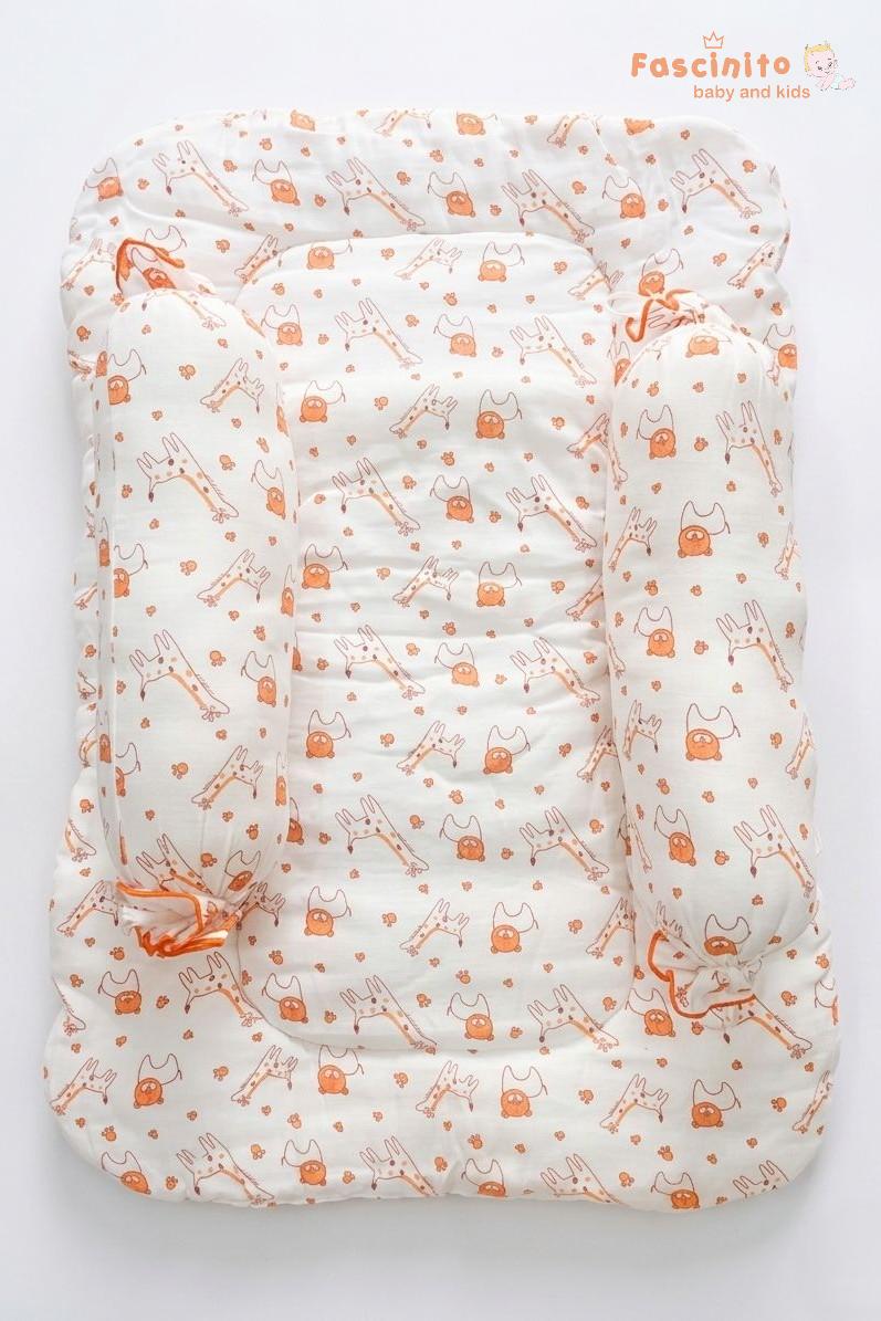 Baby Mattress Set Muslin Cotton Newborn Bed with Side Bolsters – Orange