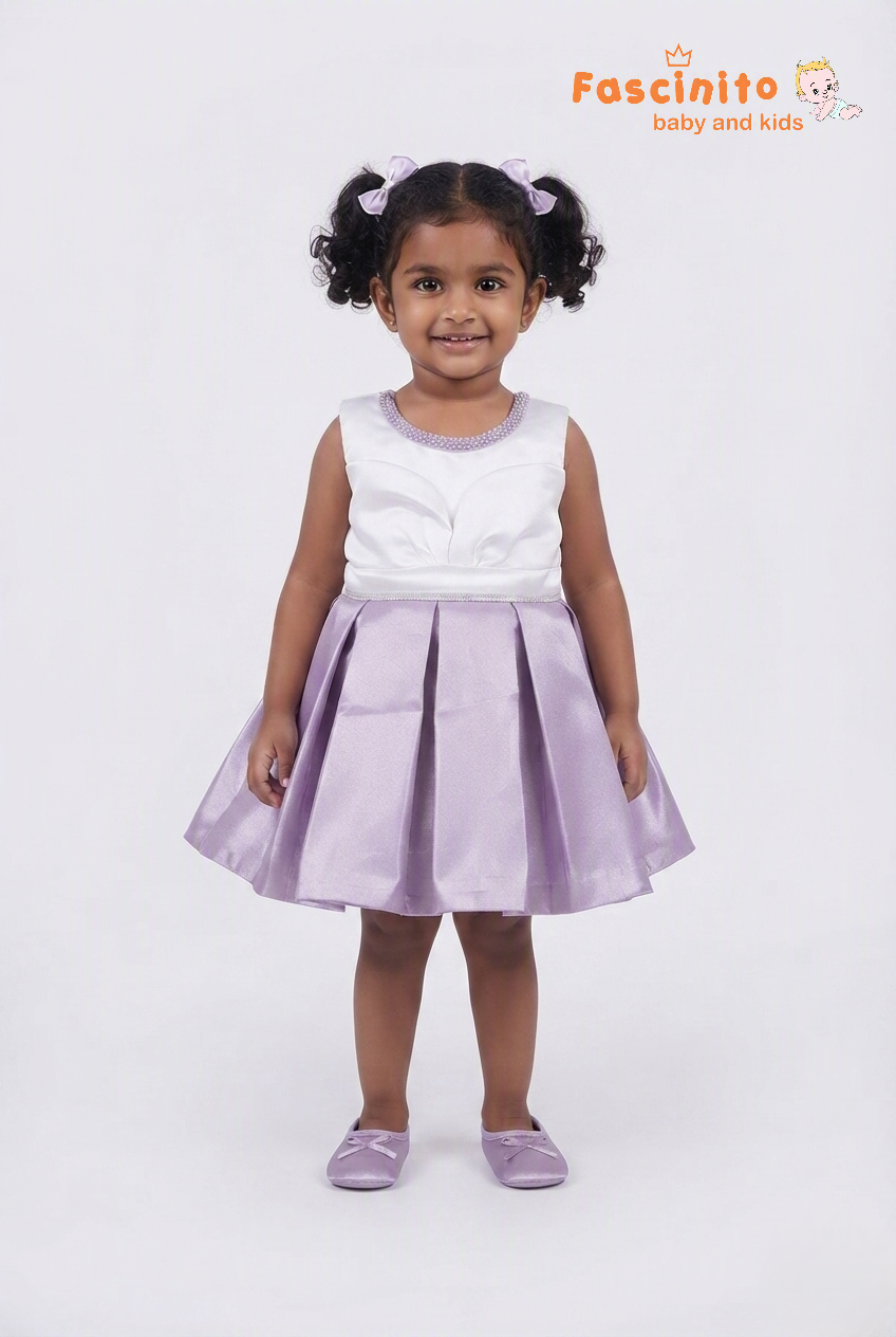 White & Lavender Beaded Bodice Frock & Booties Set - Lavender