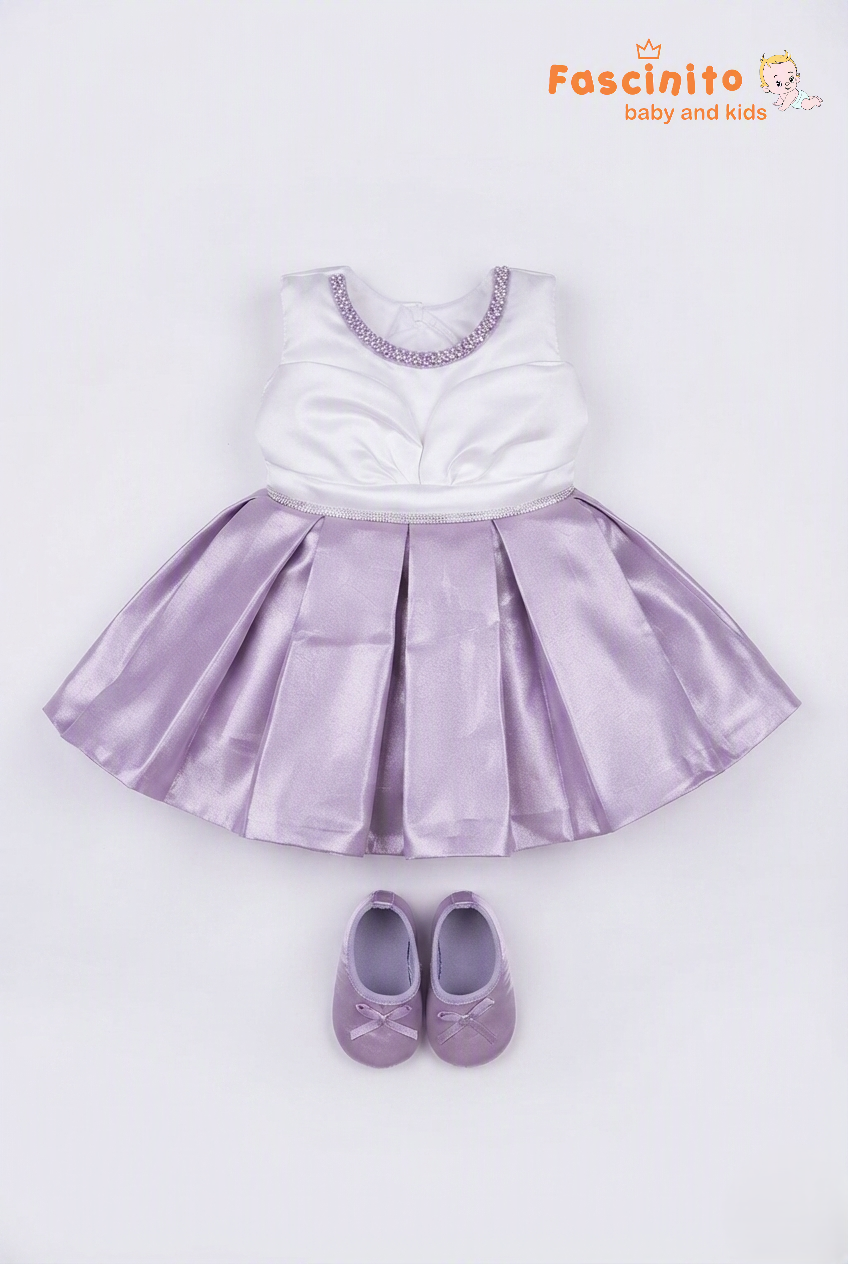 White & Lavender Beaded Bodice Frock & Booties Set - Lavender