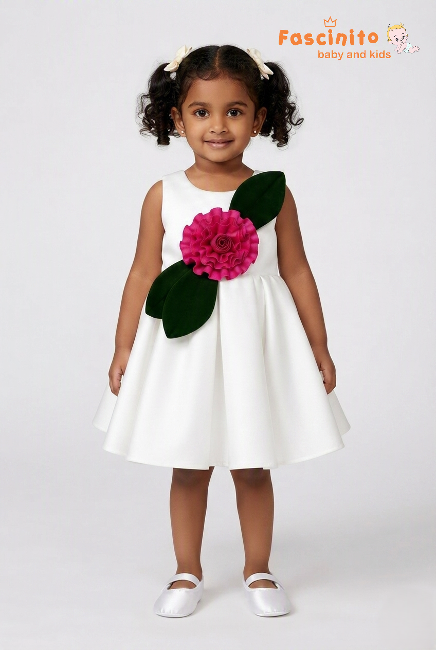 White & Magenta Rose Frock - White