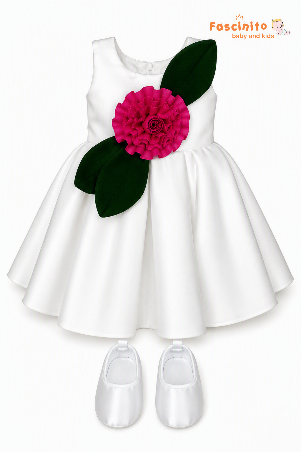 White & Magenta Rose Frock - White