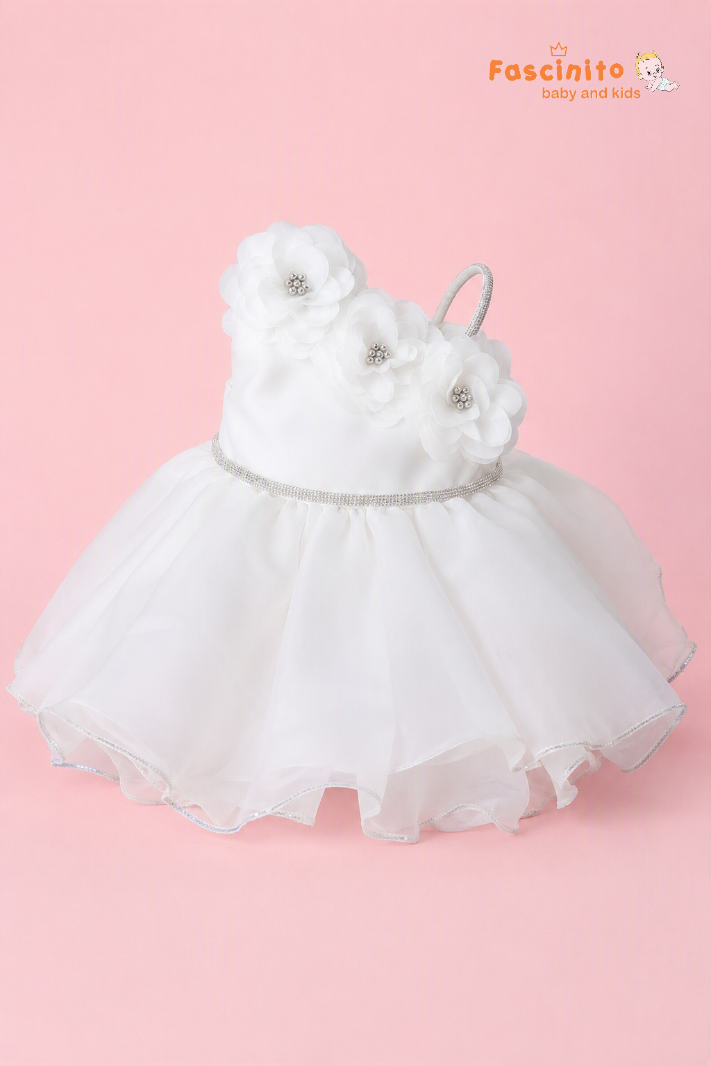 White Floral One-Shoulder Tulle Frock - White
