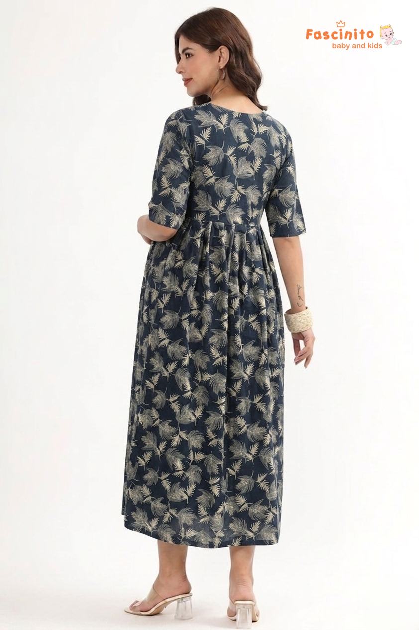 Back view of blue floral maternity feeding maxi dress for women by Fascinito.
