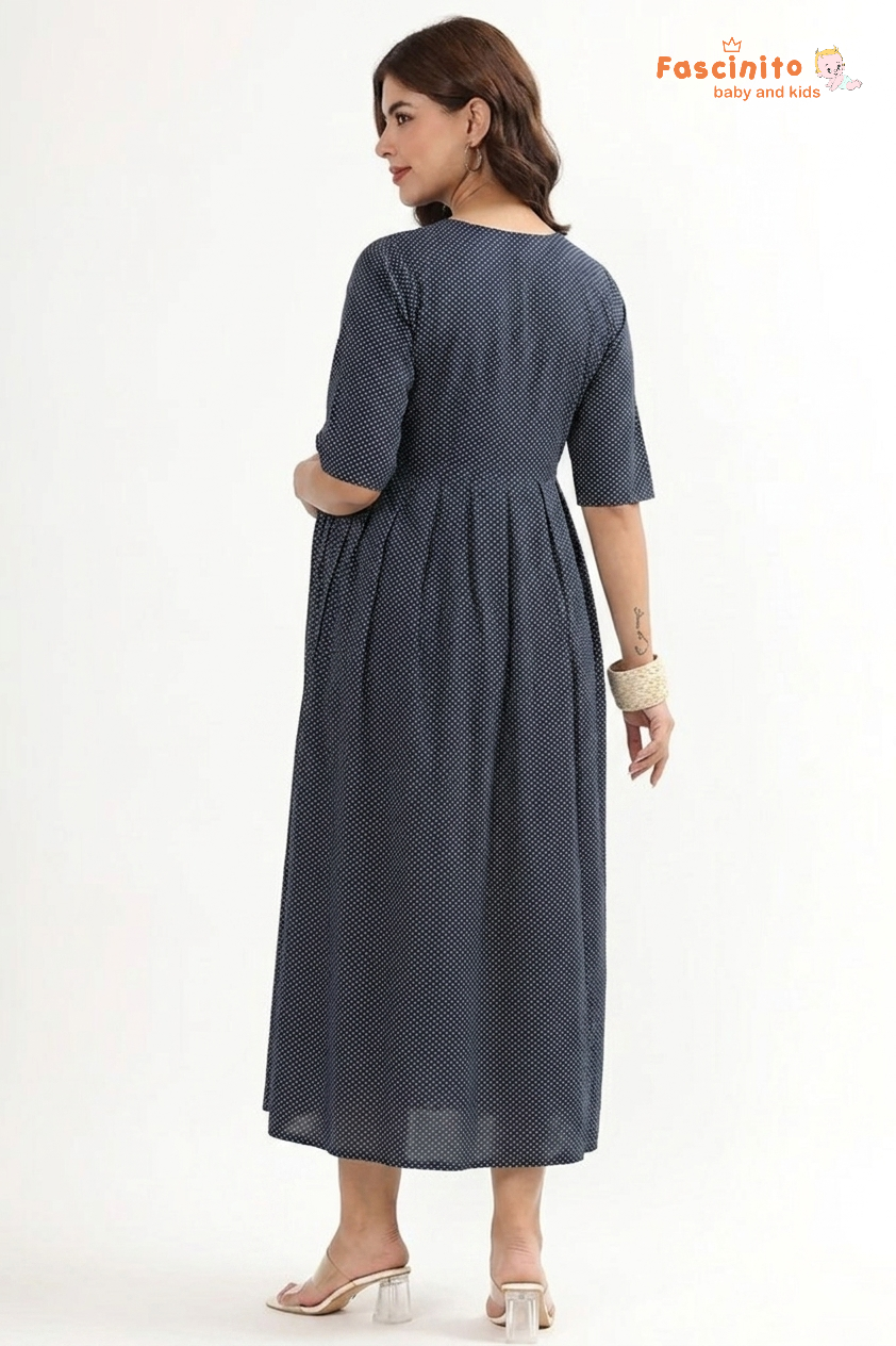 Back view of blue dotted maternity nursing maxi dress for women by Fascinito