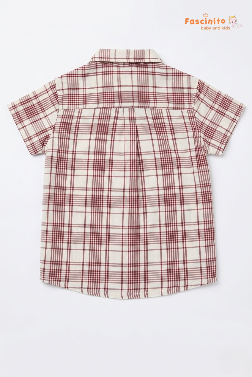 Back view of boys red plaid half sleeve cotton shirt on white background