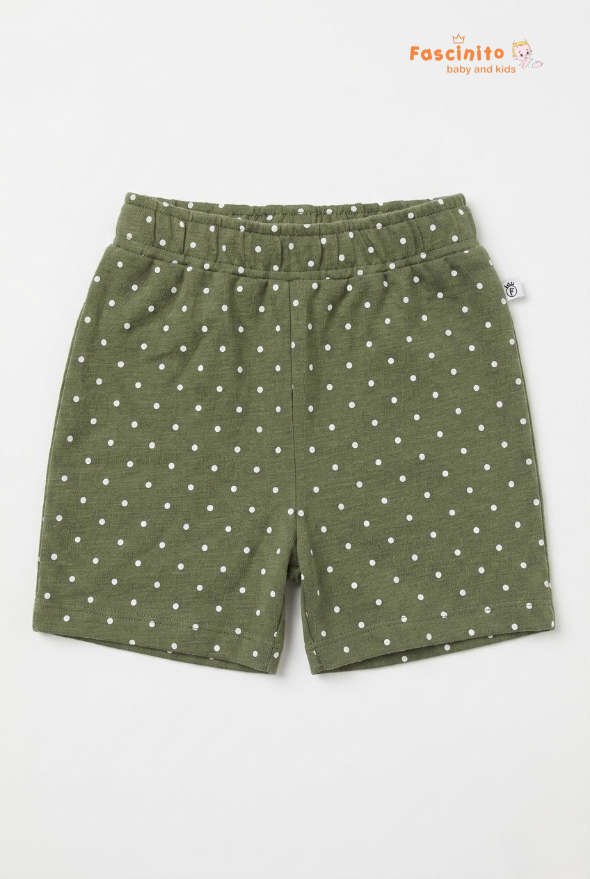 Boys olive green polka dot casual shorts with elastic waistband on white background