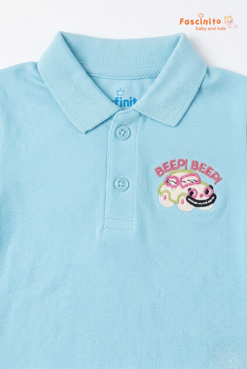 Fascinito boys light blue polo t shirt with beep beep car print
