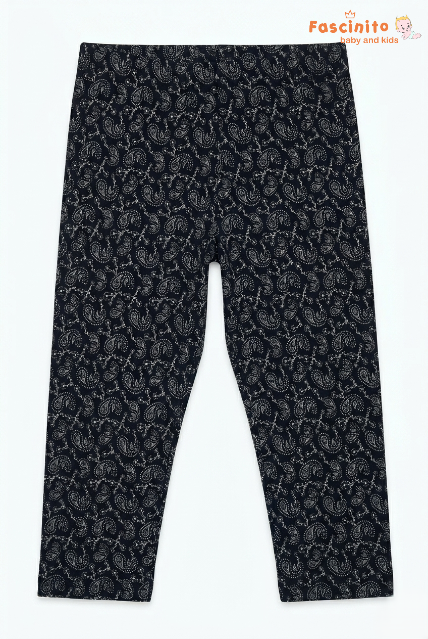 Fascinito girls black printed cotton capri pant on white background