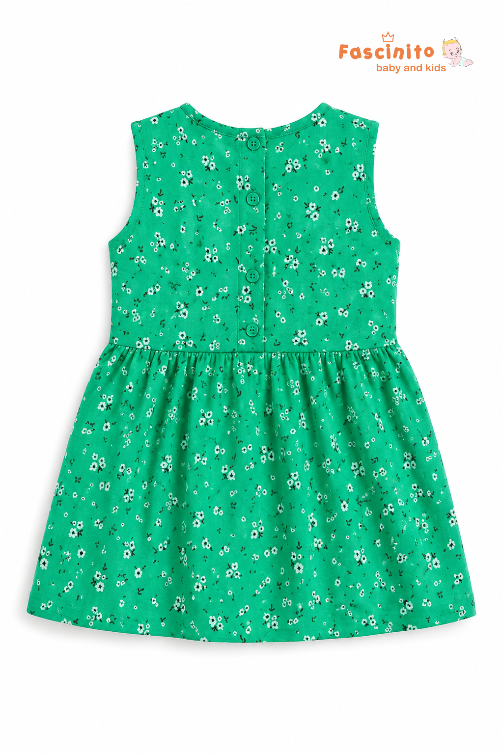 Fascinito girls green floral sleeveless frock back view on white background