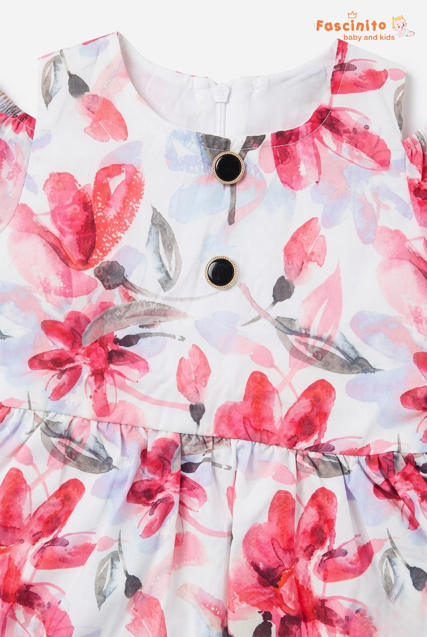 Close up of girls floral frock with pink flower print and neckline buttons