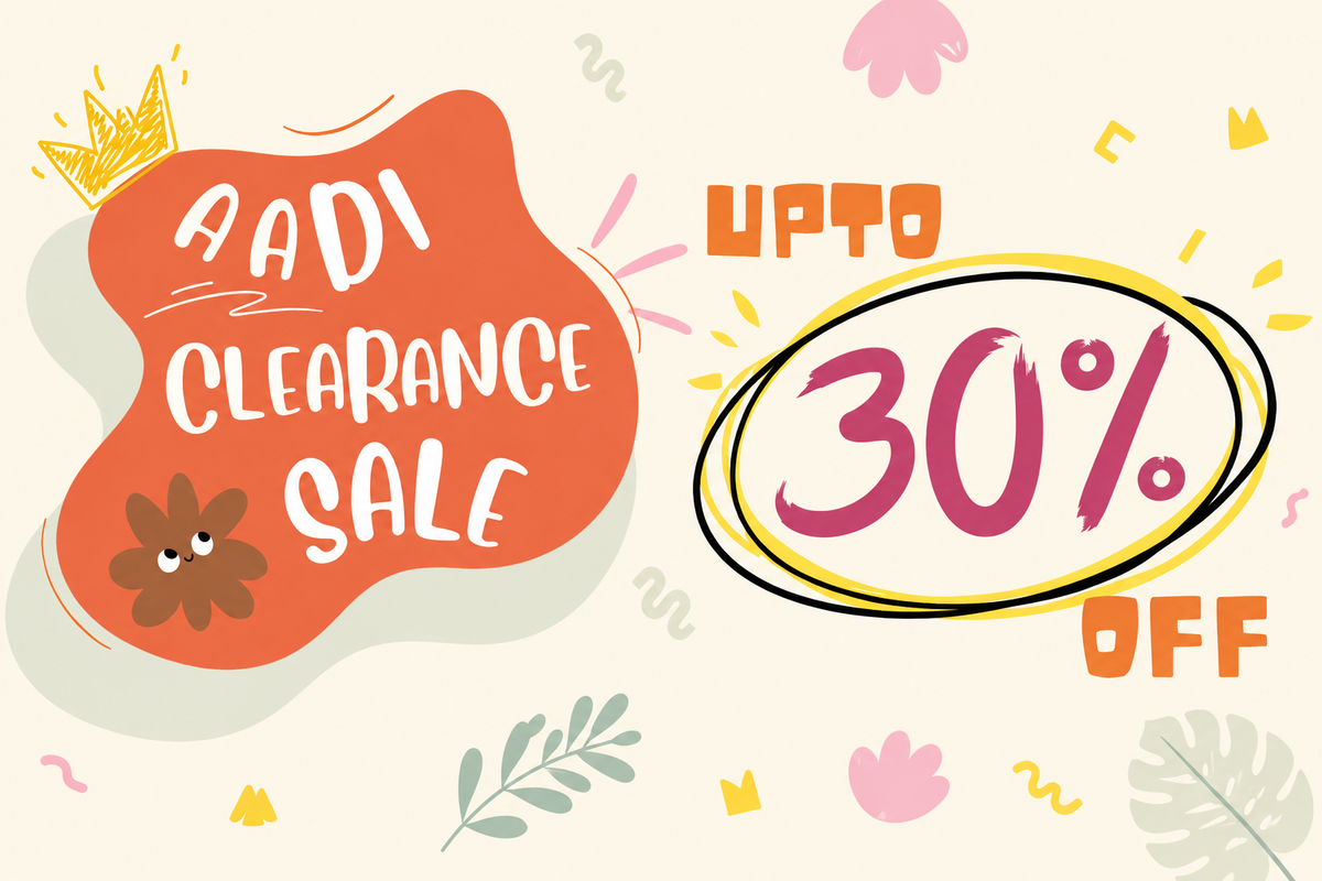 A promotional sale graphic with the text 'AADI CLEARANCE SALE' on an orange abstract shape and 'UPTO 30% OFF' in a yellow-outlined oval, set on a light cream background with small decorative leaves and confetti.
