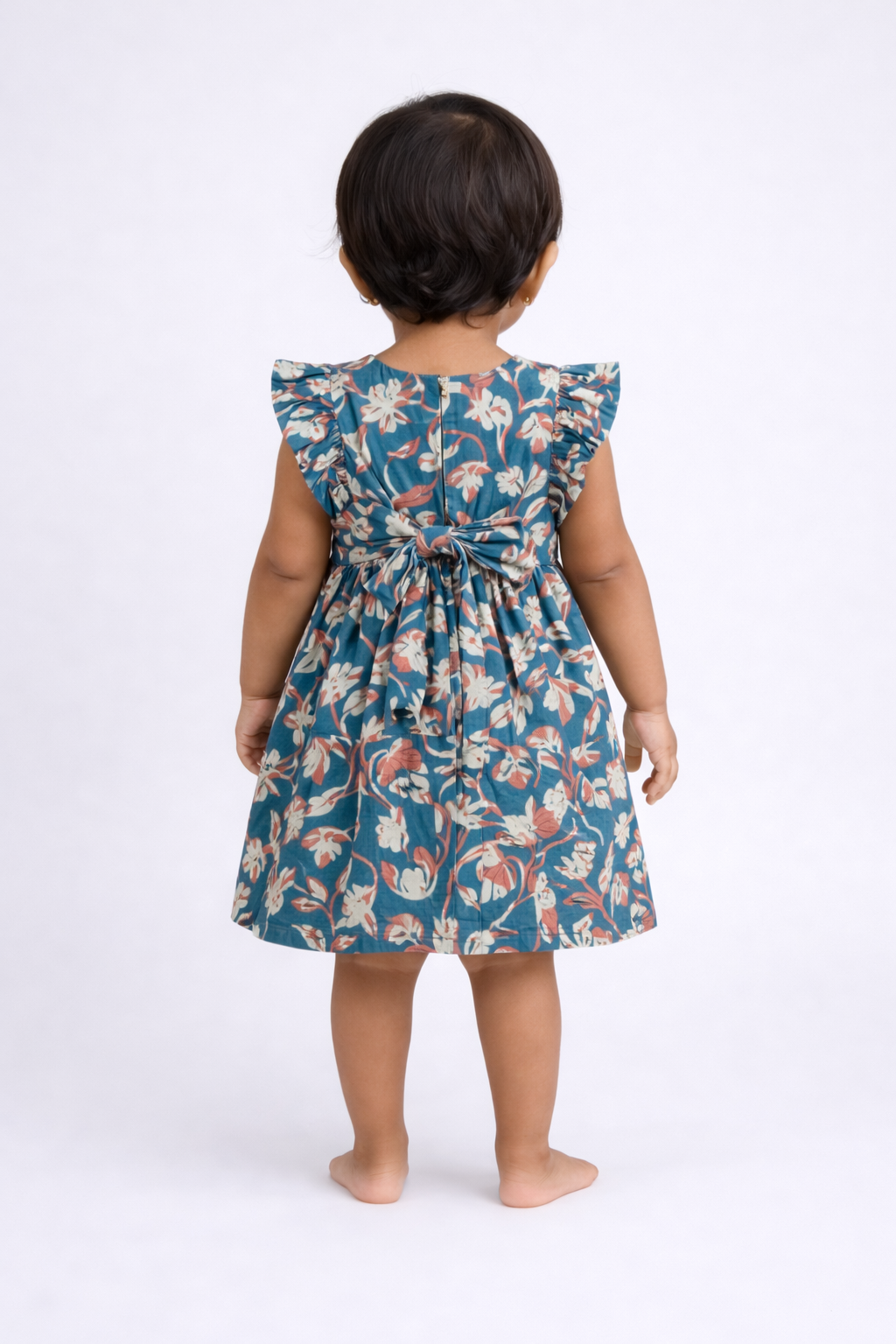 Girls Teal Blue Tropical Print Flutter Sleeve Frock