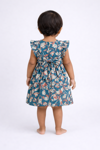 Girls Teal Blue Tropical Print Flutter Sleeve Frock