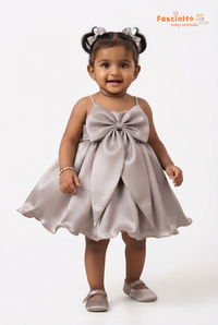 Brown Bow-Accent Satin Frock - Brown