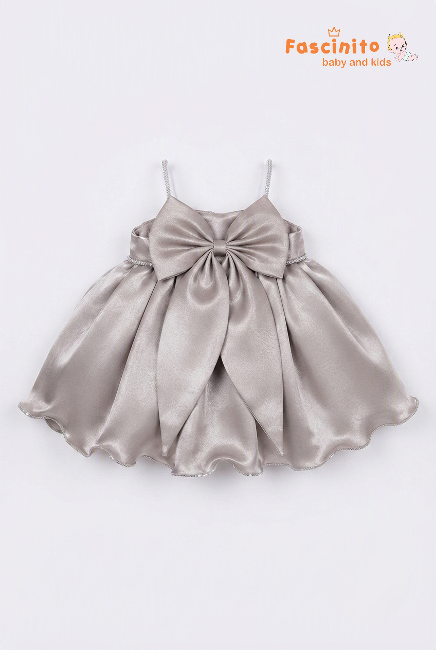Brown Bow-Accent Satin Frock - Brown