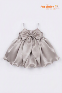 Brown Bow-Accent Satin Frock - Brown
