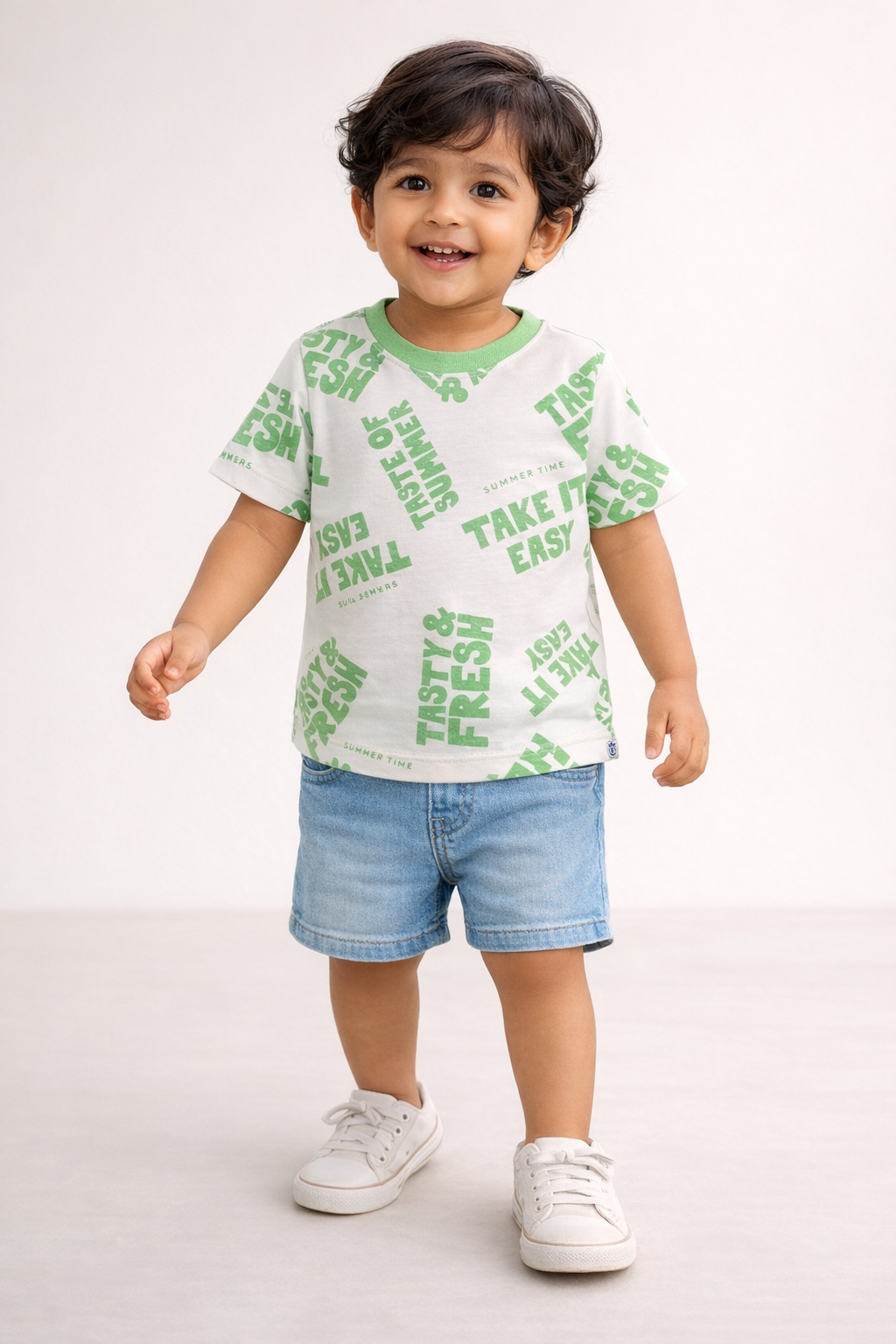 Boys Summer Vibes Graphic Cotton T-Shirt (Blue & Green)