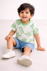 Boys Summer Vibes Graphic Cotton T-Shirt (Blue & Green)