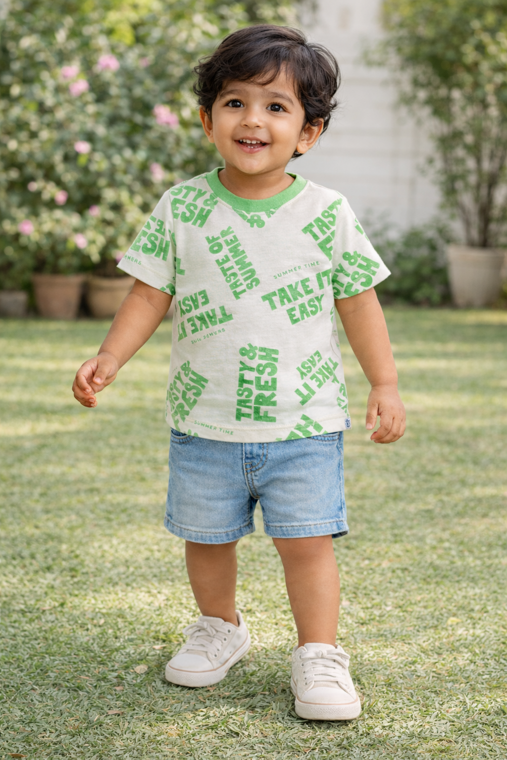 Boys Summer Vibes Graphic Cotton T-Shirt (Blue & Green)