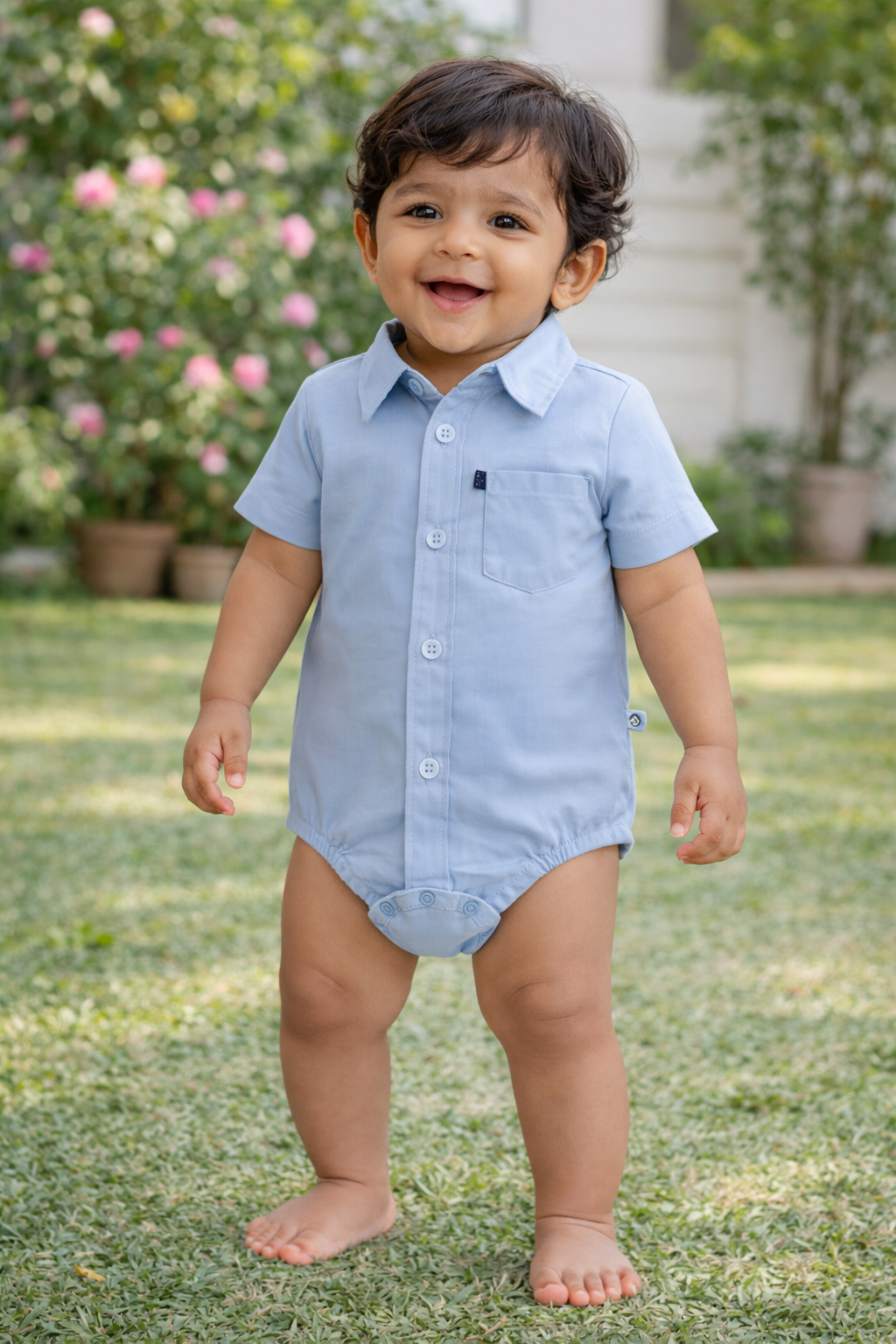 Smart Occasion Steel Blue Baby Cotton Playsuit