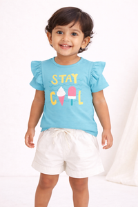 Girls Blue & White Cotton T-Shirt Combo (2PCS Set)