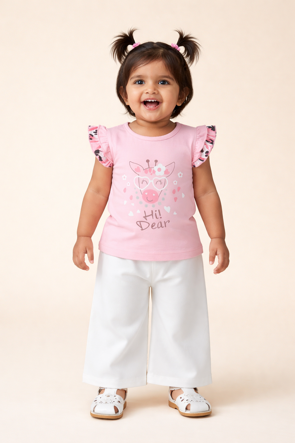 Girls Light Pink Giraffe Print Cotton T-Shirt