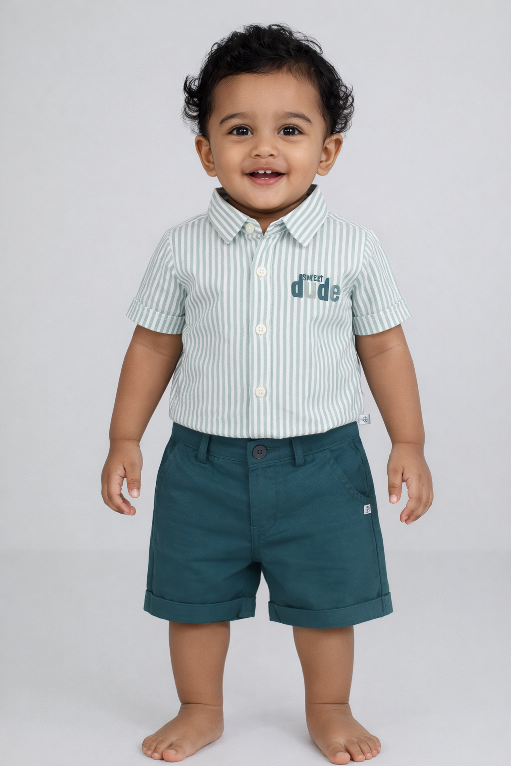Boys Green Striped Shirt & Shorts Cotton Set