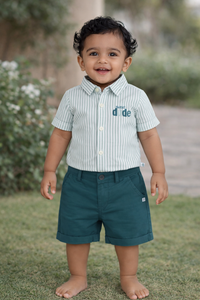 Boys Green Striped Shirt & Shorts Cotton Set
