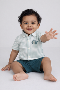 Boys Green Striped Shirt & Shorts Cotton Set