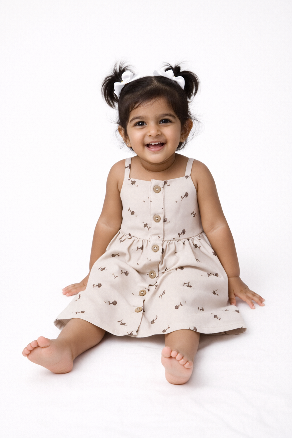 Girls White Sleeveless Cotton Button-Down Frock